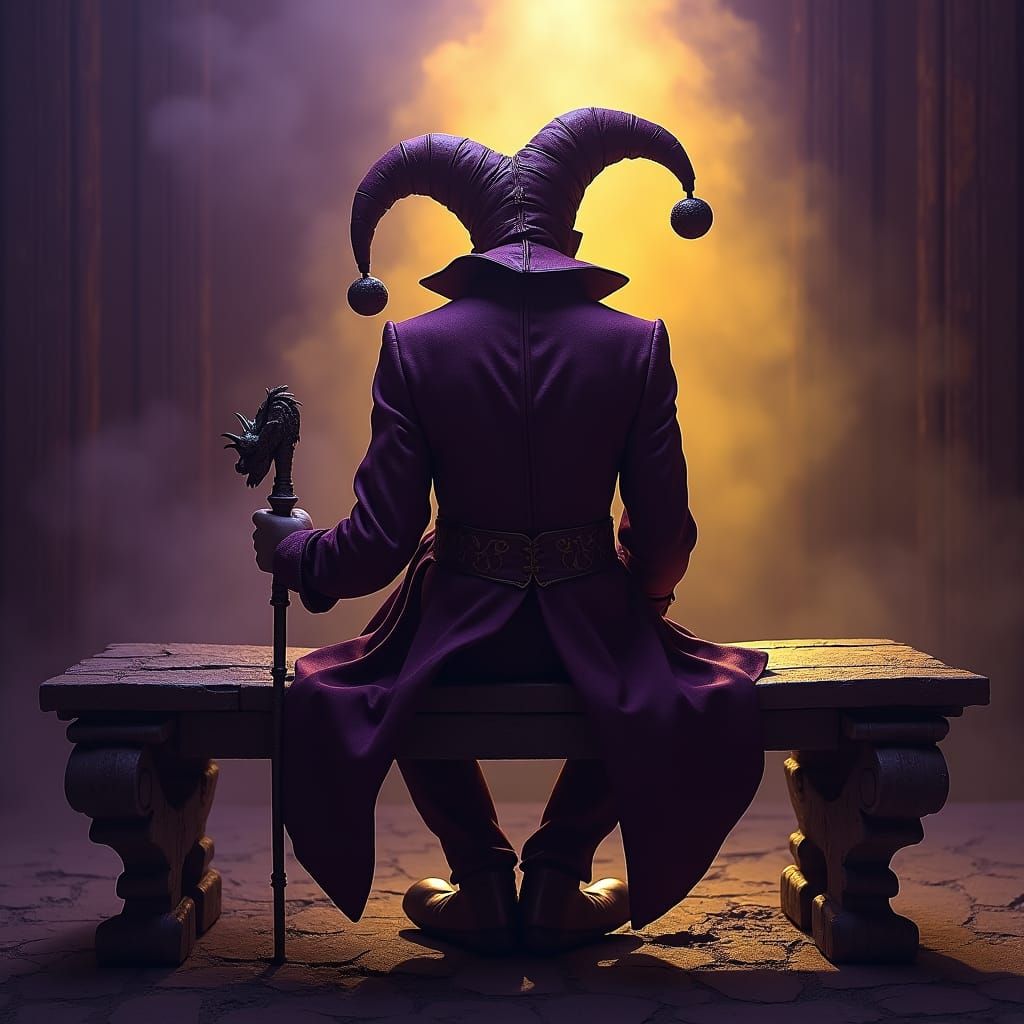 Jester on Bench in Dark Fantasy Style