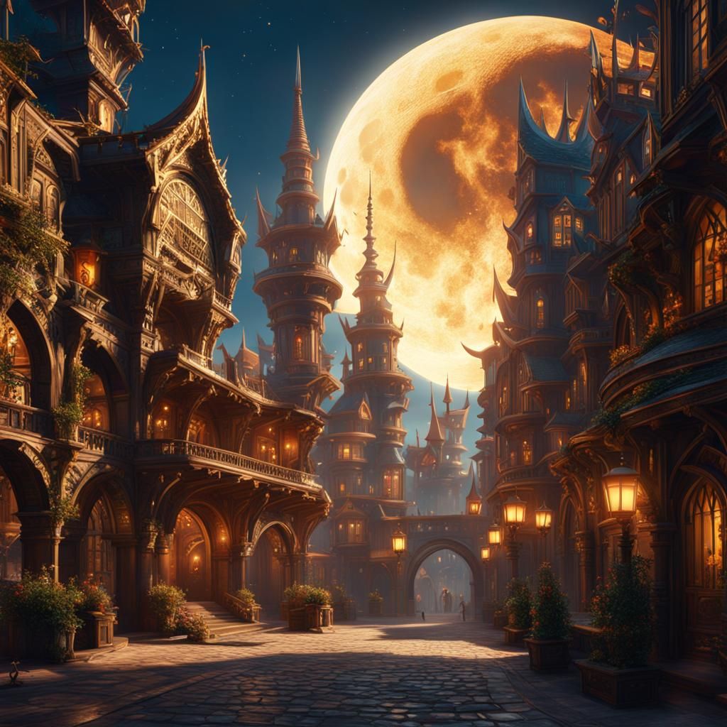 Fantasy Cityscape with Celestial Jester, Digital Art