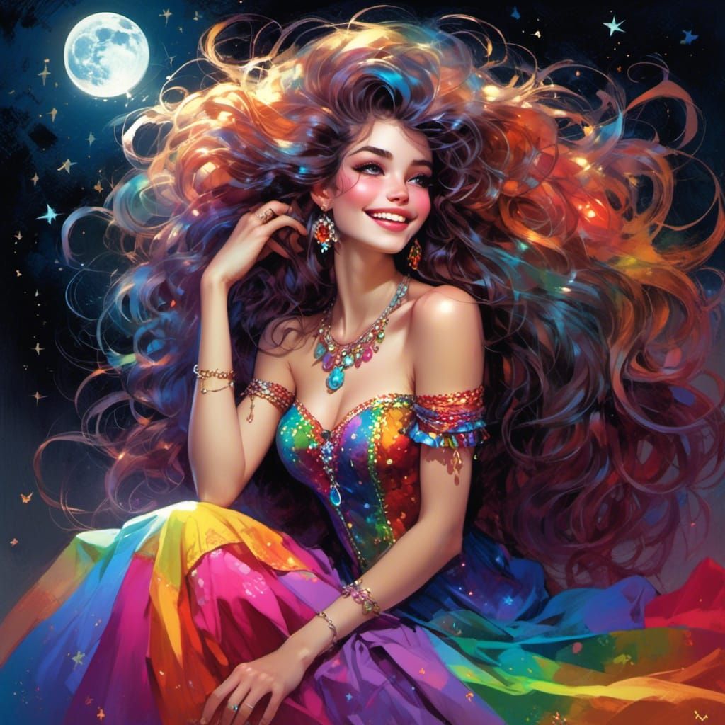 Stunning Woman in Rainbow Dress Amidst Starlight