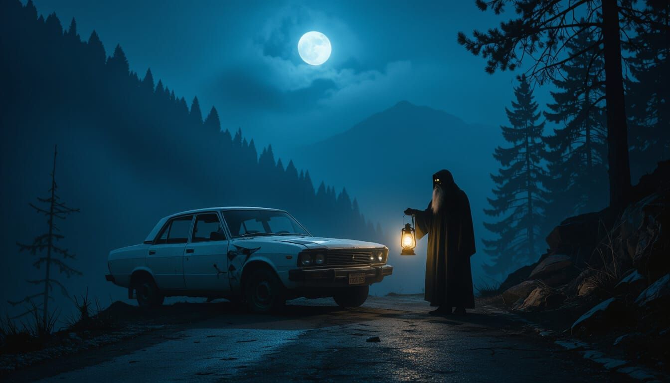 Eerie Midnight Mountain Road with Broken Car and Mysterious ...