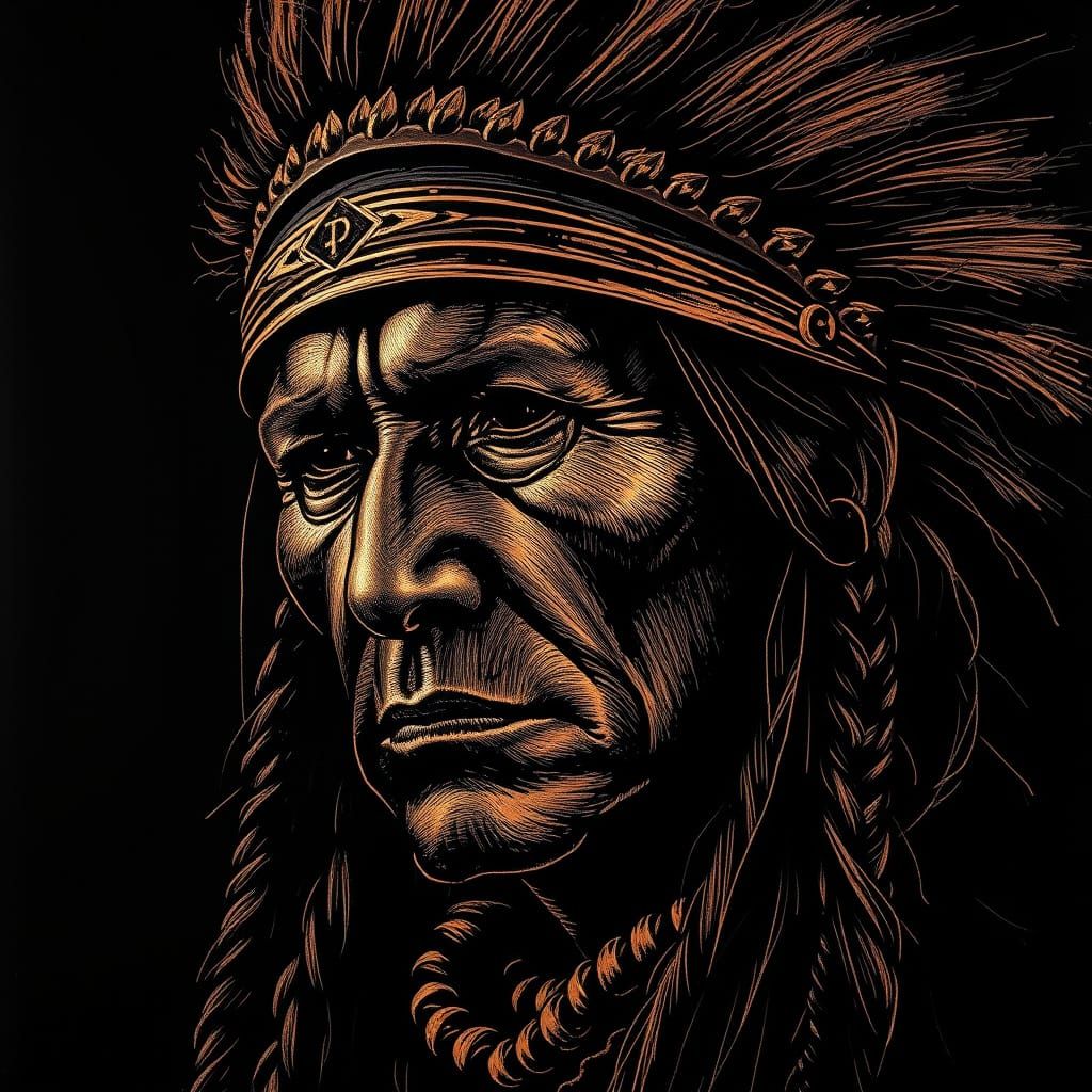 Native American Warrior in Fine Copper Lines