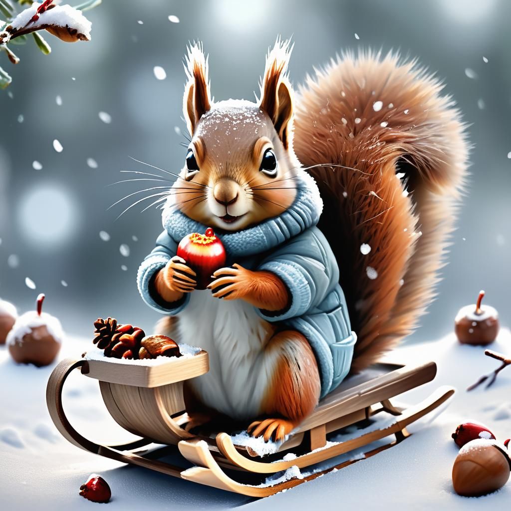 Cute Hyperrealistic Squirrel in Snowy Winter Scene