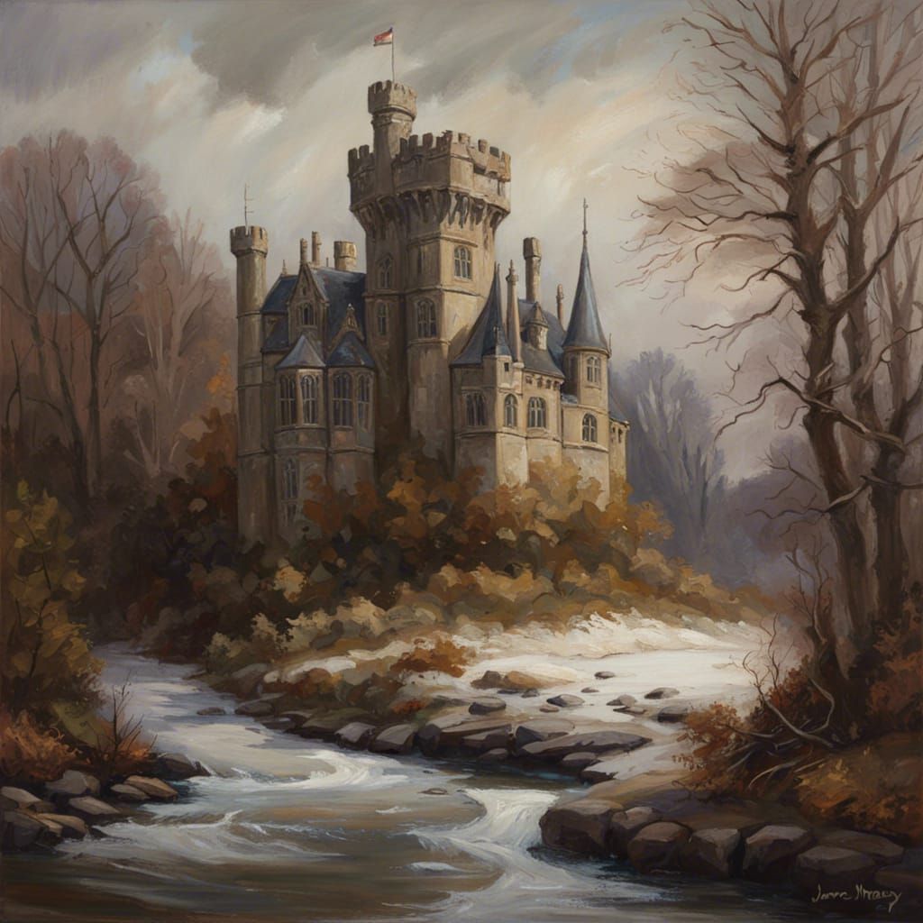 Gothic English Castle in Winter Forest, Oil Painting