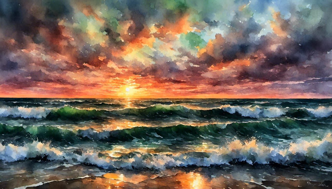 Vibrant Sunset Over Ocean with Volumetric Lighting