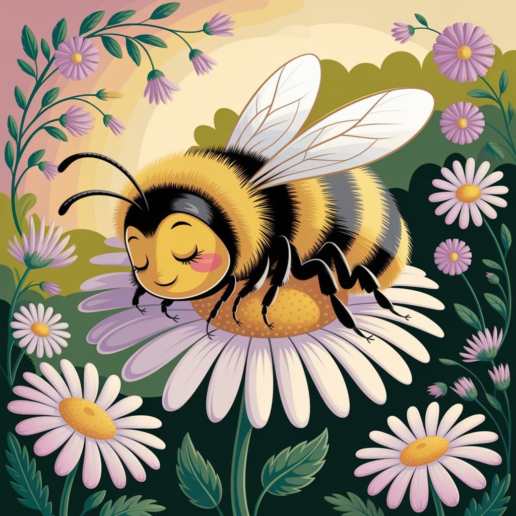 Sleepy Bumblebee on Daisy, Children's Illustration