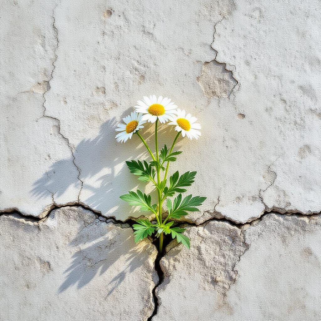 Camomile Sprouts from Concrete Wall in Soft Light