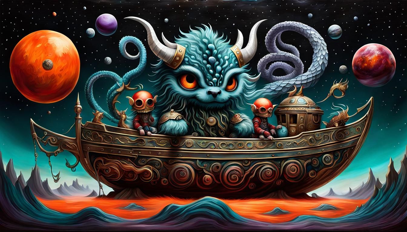 Futuristic Viking Baby and Hydra in Sci-Fi Wonderland