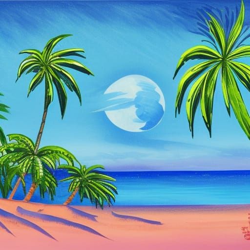 Tropical Beach with Green Moon: Gouache Style