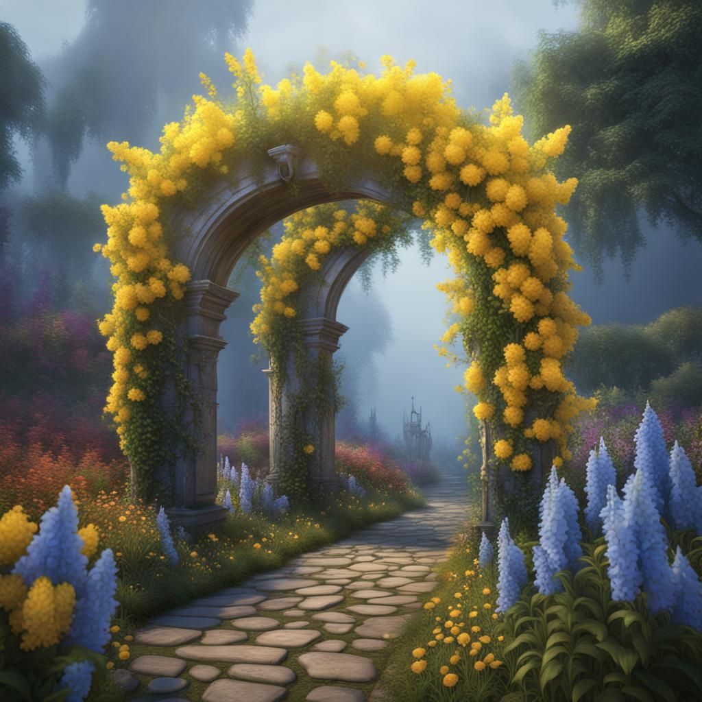 Foggy Garden Path with Delphiniums: Fantasy Art