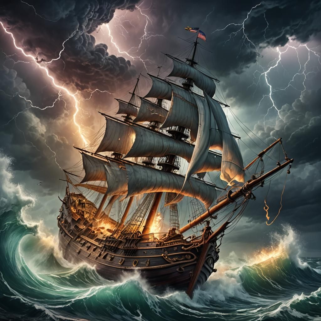 Kraken Attacks Ship in Stormy Sea: Hyperrealistic Art