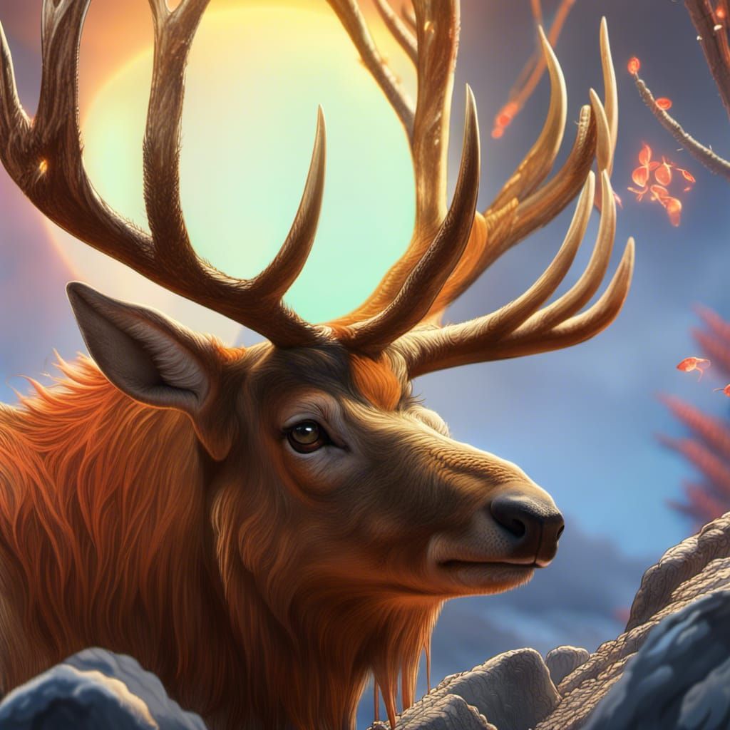 Stag Elk in River at Dawn: Digital Matte Painting