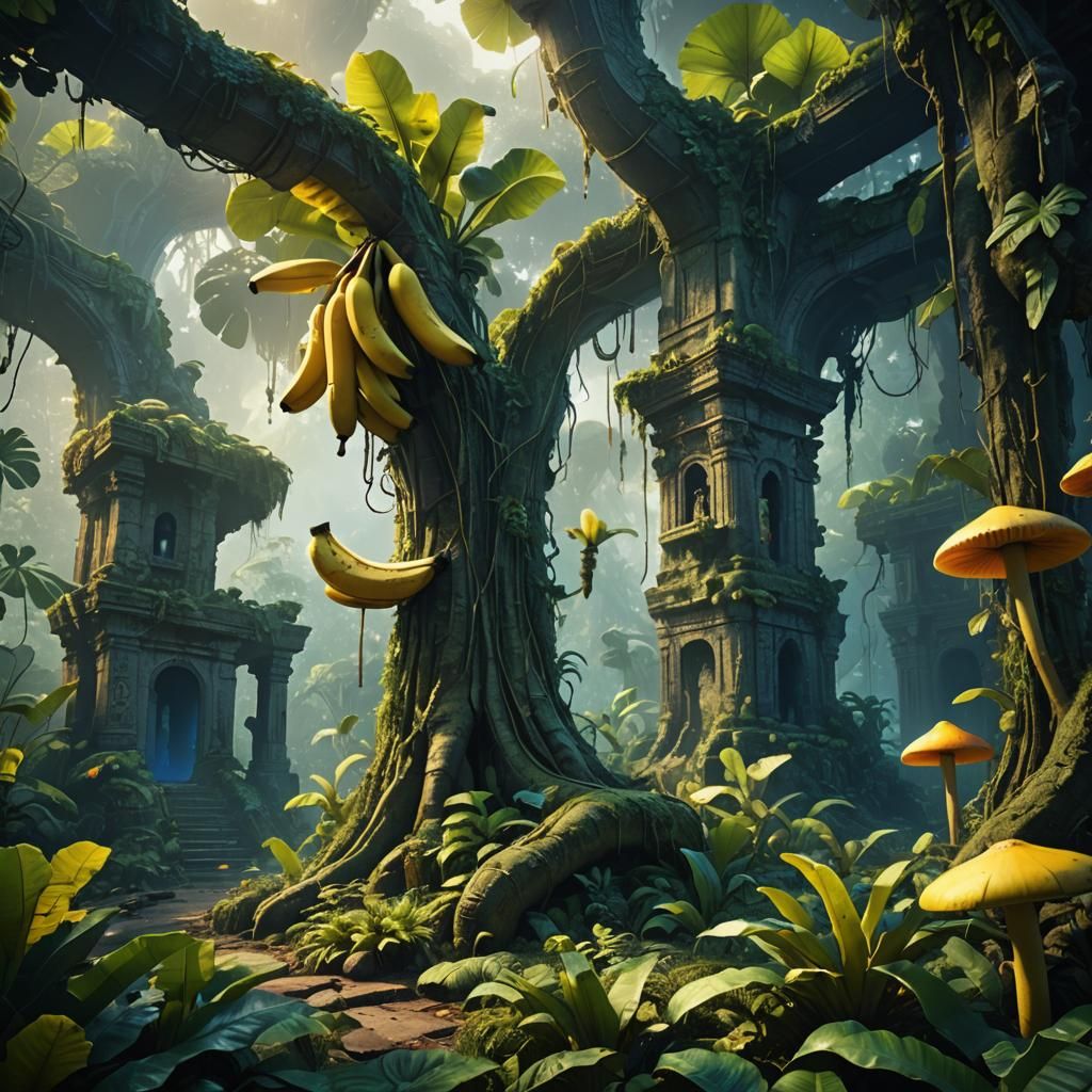 Glowing Banana in Lush Jungle, Fantasy Concept Art