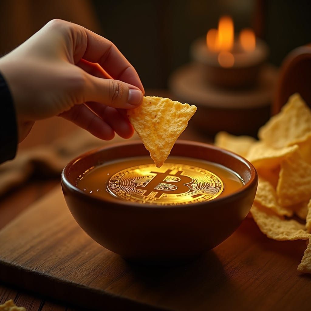 Warm, Golden-Lit Scene of a Hand Dipping a Chip into a Bitco...
