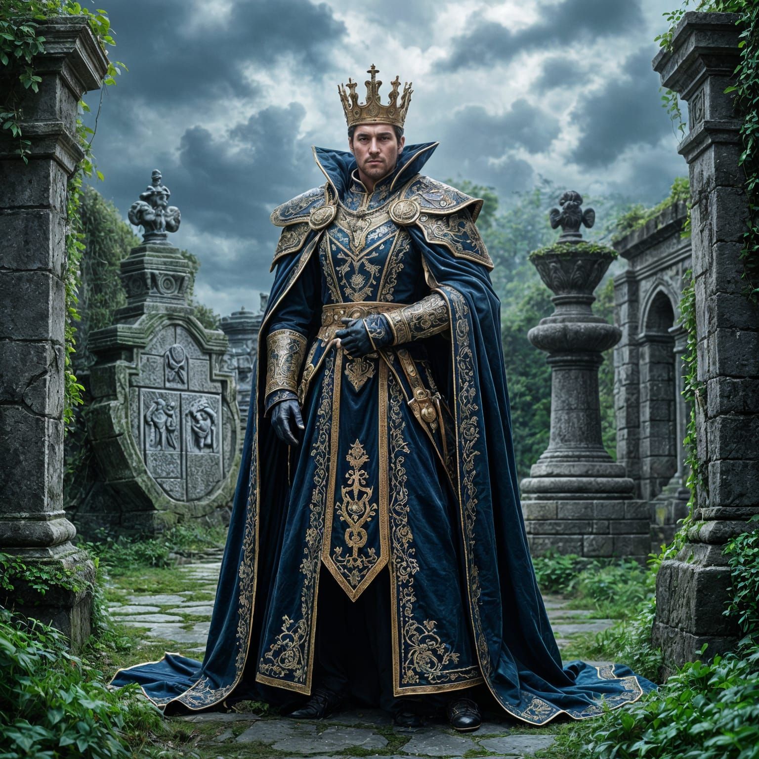 Regal Chess King in Overgrown Courtyard