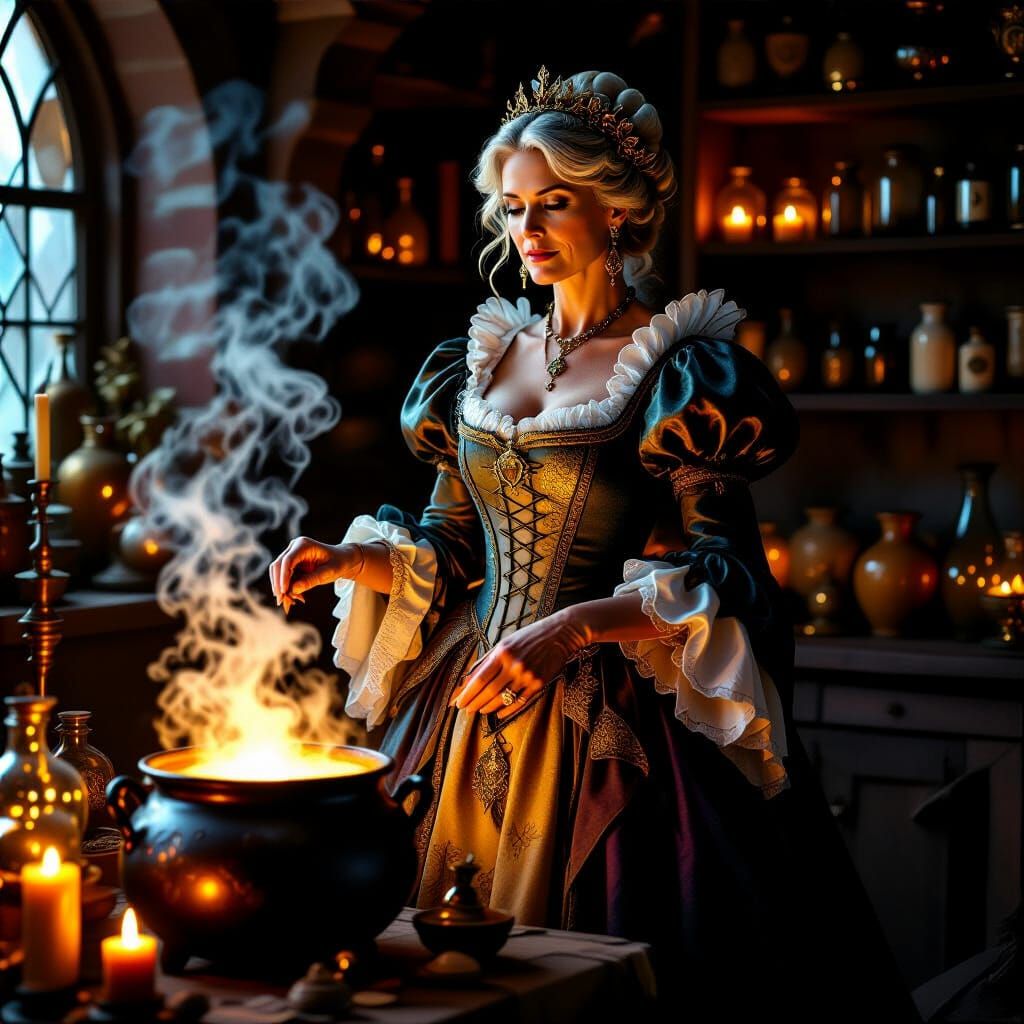 Medieval Woman by Cauldron in Dramatic Lighting