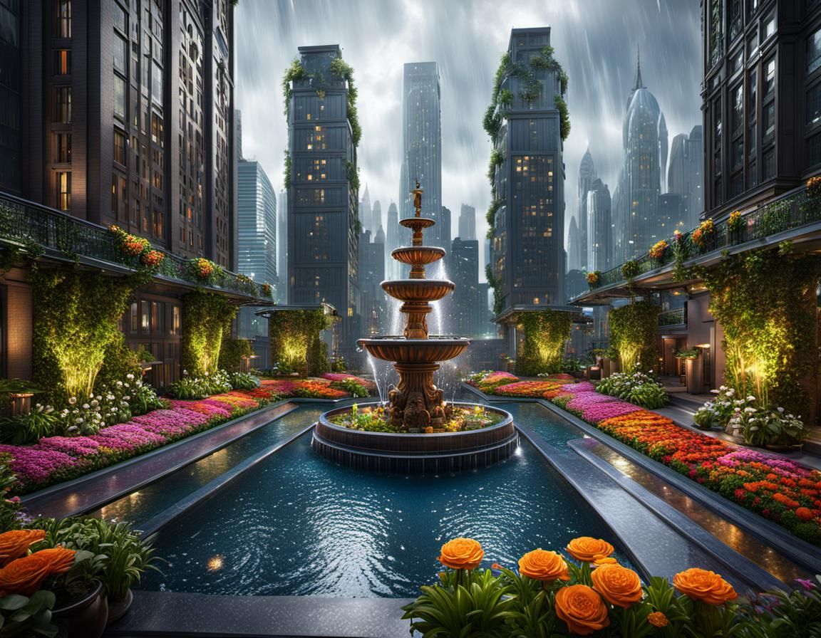 Lush Rooftop Garden with Cityscape, Unreal Engine