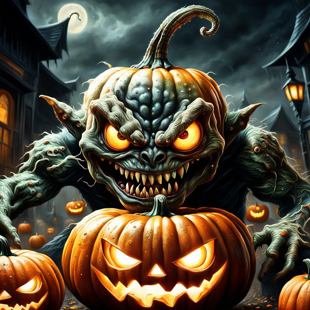 Hyperrealistic Pumpkin Monster Attacks Zombies with Magic