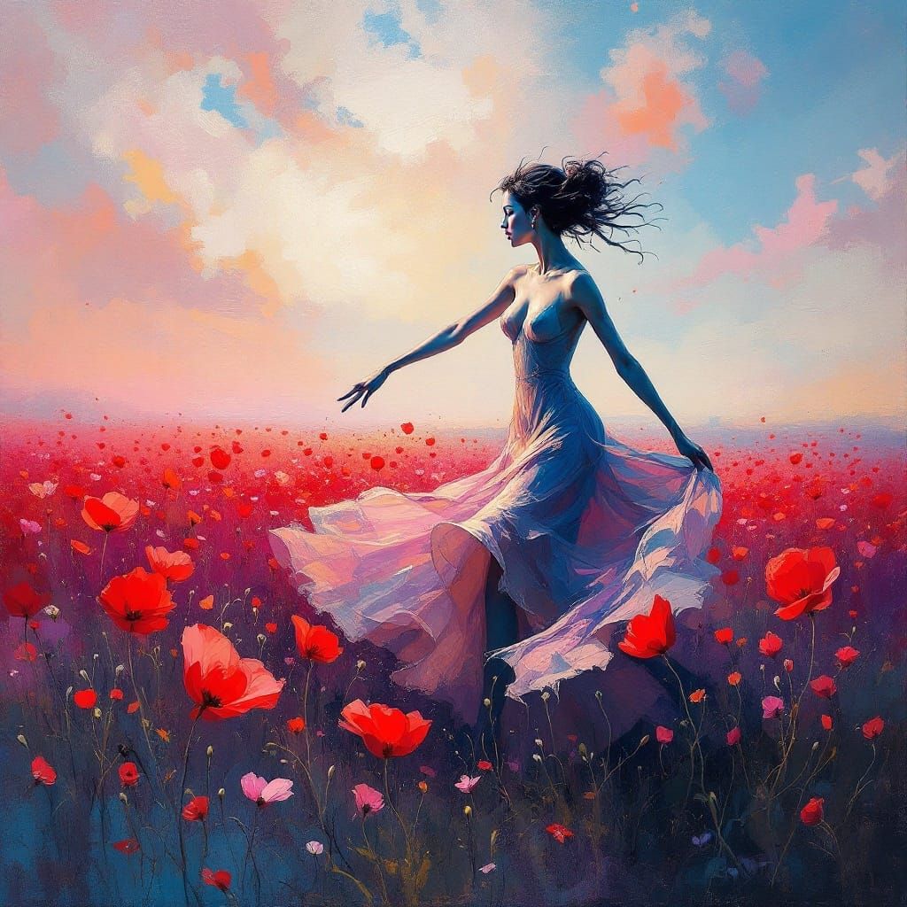 Woman Dancing in Poppy Field with Impasto Brushwork