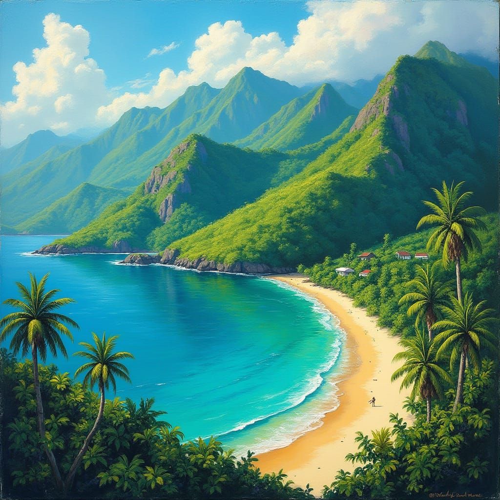 Vibrant Tropical Oasis in Warm Oil Painting Style