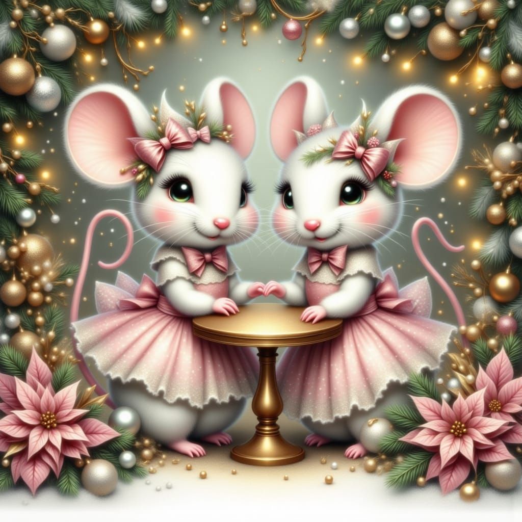 Two Cartoon Mice Enjoy Christmas Garden Bistro Scene
