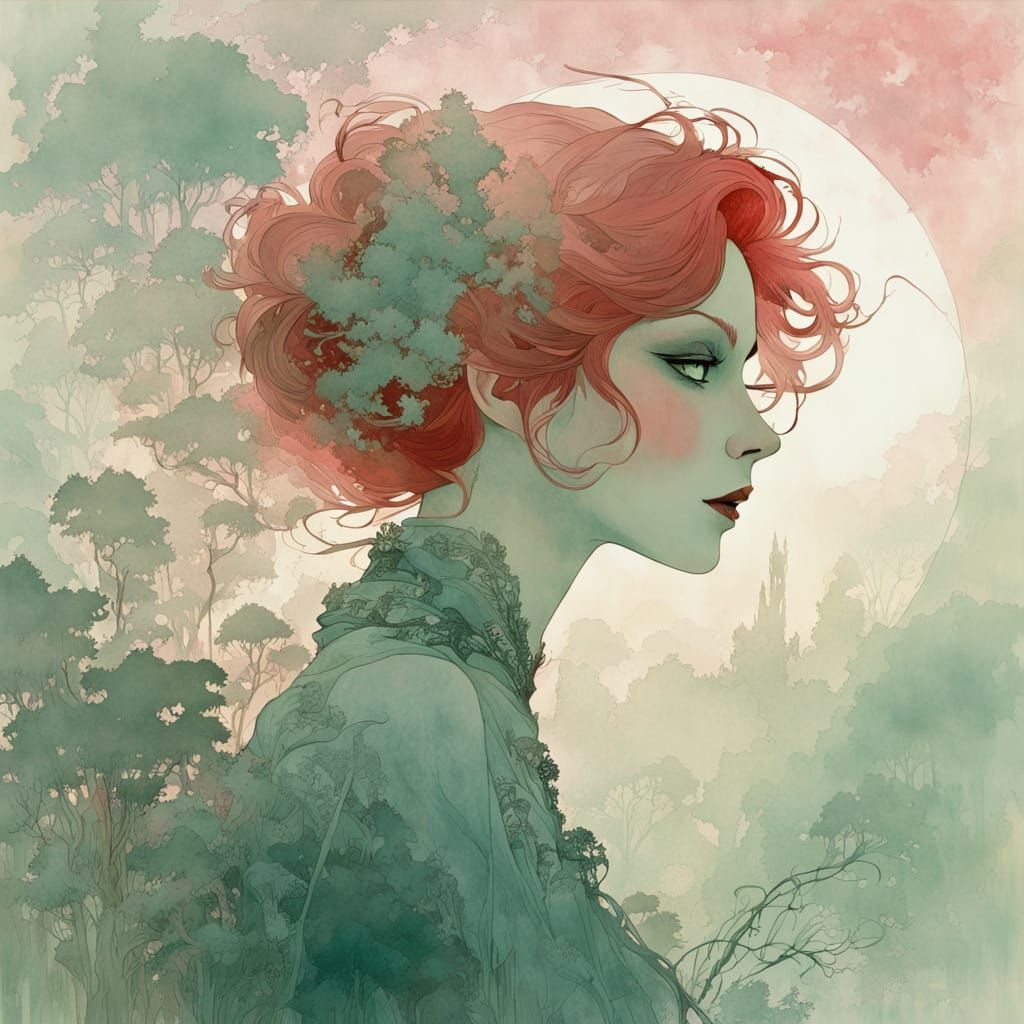 Silhouette in Fog with Green Eyes and Red Hair