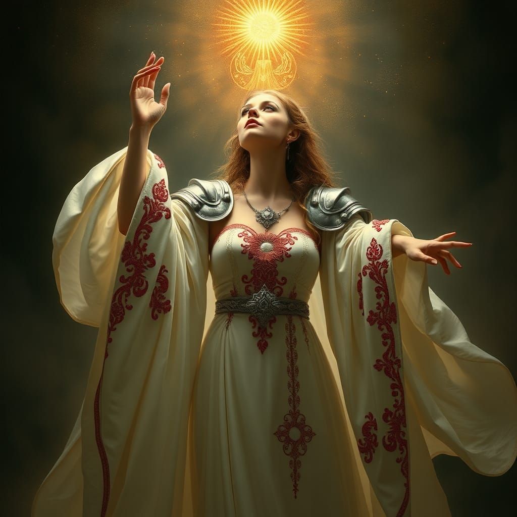 Ethereal Priestess with Golden Sphere, in Klimt Style