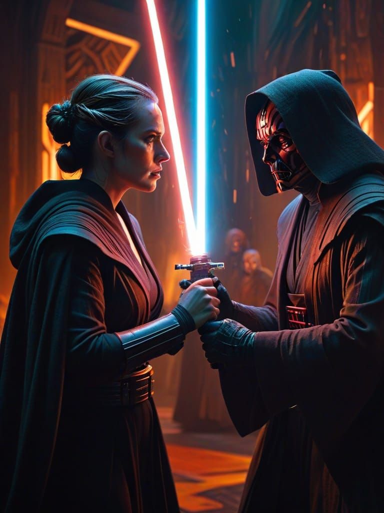 Jedi vs Sith: Lightsaber Duel in Digital Art Style