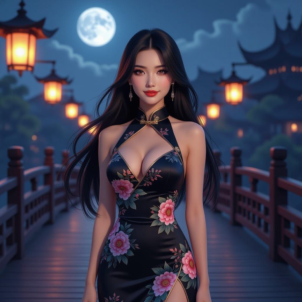 A captivating, high-quality anime-inspired fashion photograph featuring a poised 21-year-old Russian woman with long, fl...