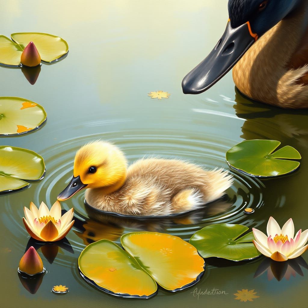 Baby Duck and Mother in Pond, Audubon Style