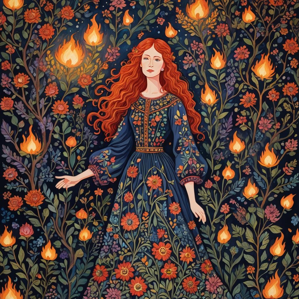 Redhead Woman in Front of Burning Midsummer Bush