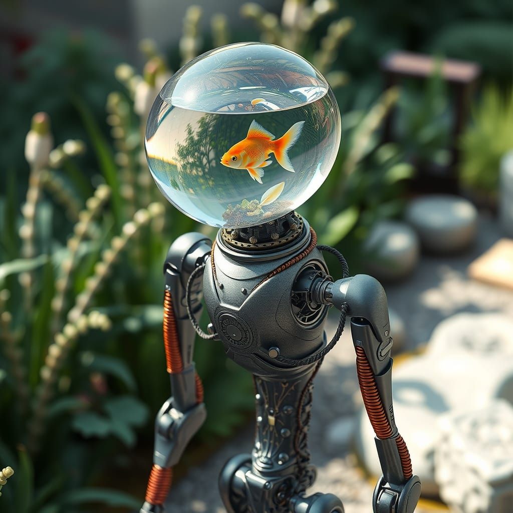 Futuristic Robot in Garden, Digital Art