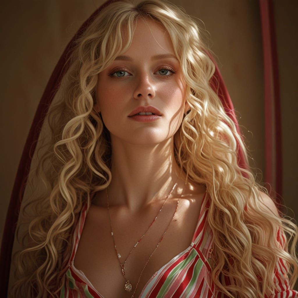 Vibrant Blonde Woman in Striped Patterned Attire