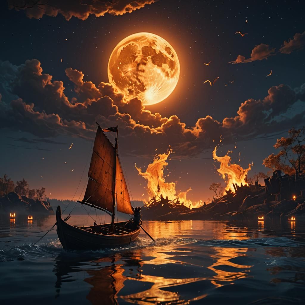 A mouse sailing under the moonlight. I a boat on fire.detail...
