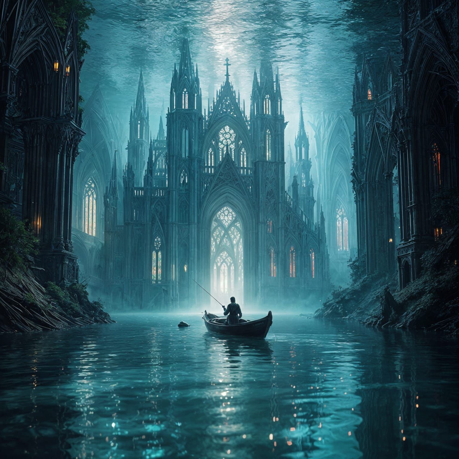 Submerged Cathedral with Spectral Fisherman in Surreal Art