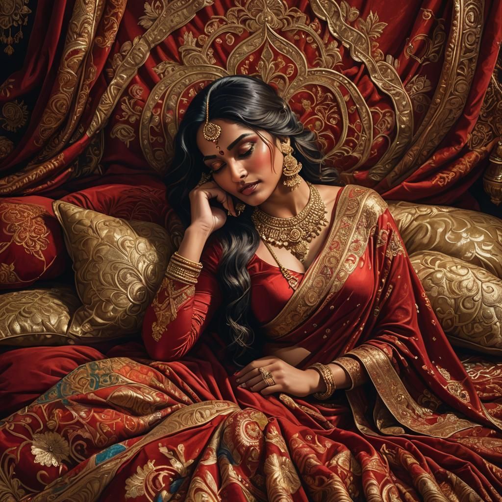 Indian Woman in Red Saree, Sensual Concept Art