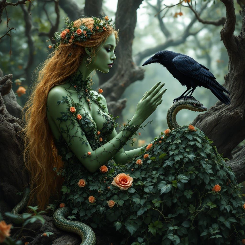 Mystical Green Goddess with Raven in Hyperrealistic Style