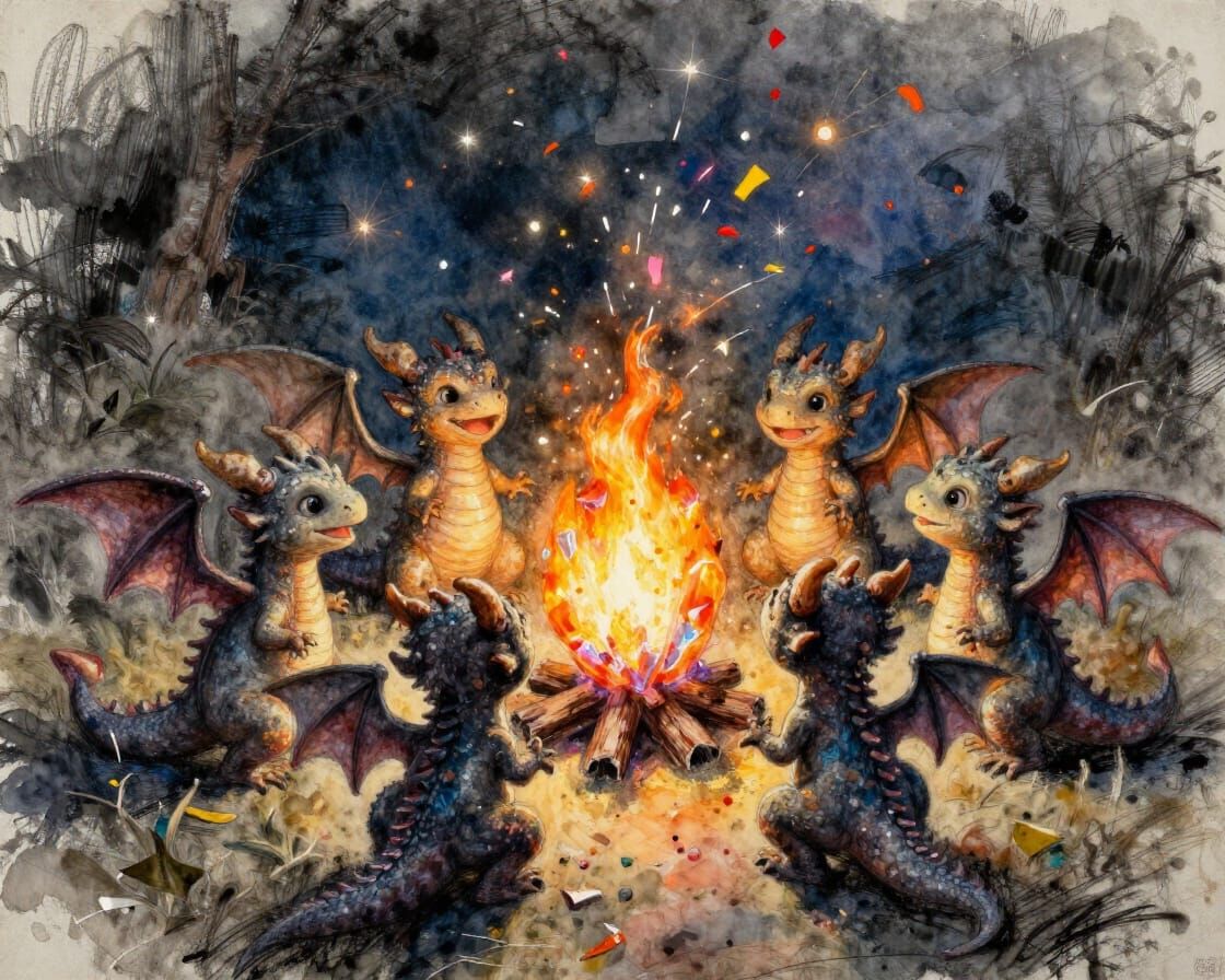 Baby Dragons Celebrate Around Crystal Fire in Stylized Sketc...