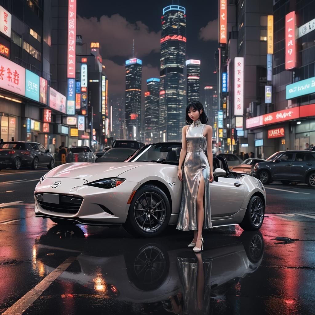Nighttime Tokyo Scene with MX-5 Miata in 3D Anime Style