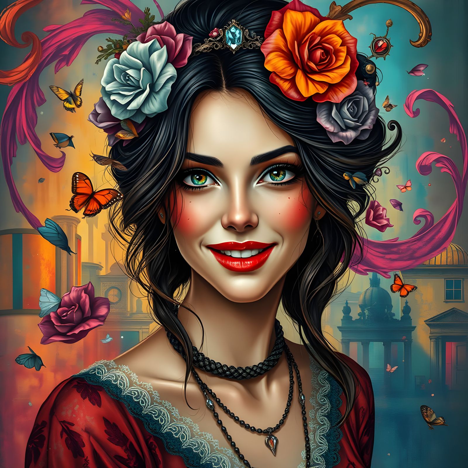 Whimsical Urban Fantasy Portrait in Art Nouveau Style