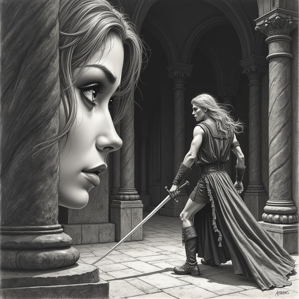 Fantasy Adventuress Battles Wizard: Comic Book Art