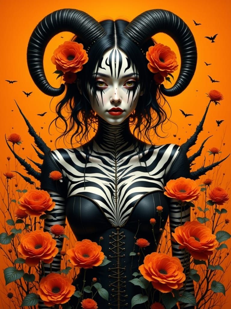 Goth Woman in Eerie Garden with Zebra Skin Accents