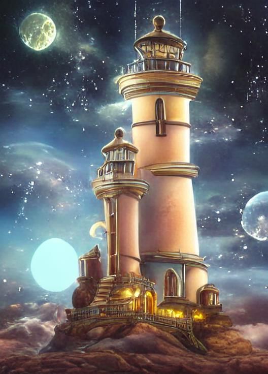 Golden Solarpunk Lighthouse Fantasy Concept Art