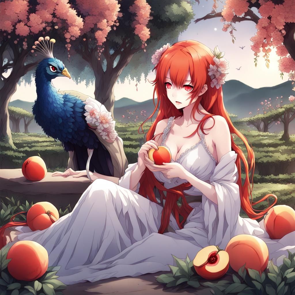 Peacock Masked Woman in Anime Style Orchard