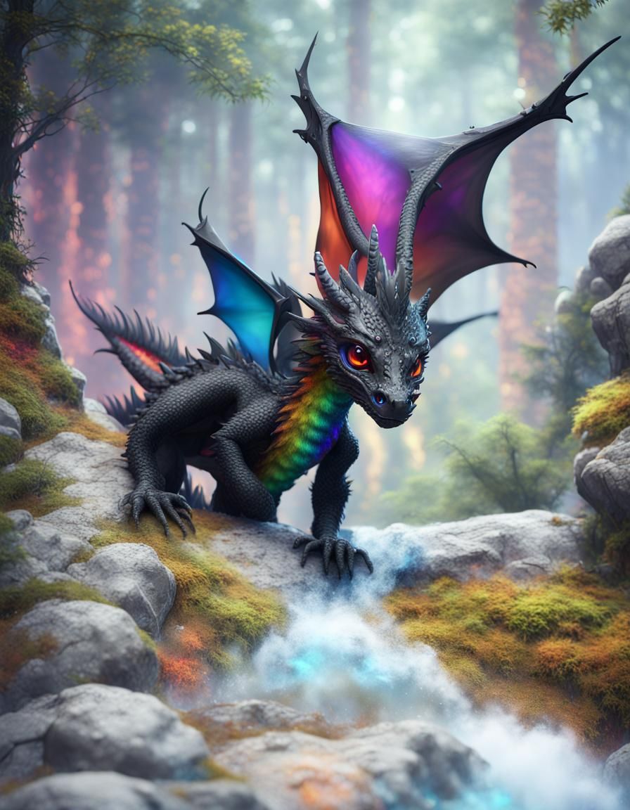 Black Baby Dragon with Rainbow Eyes