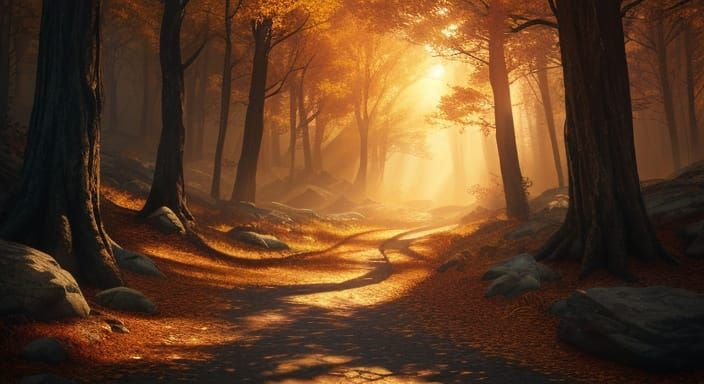 Winding Forest Path in Golden Hour Light