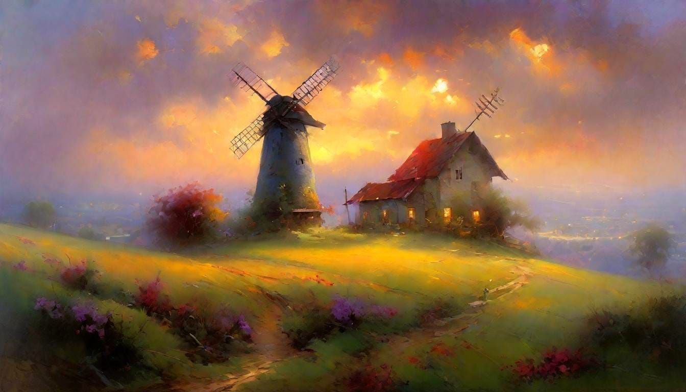 Hilltop Windmill in Impressionistic Oil Painting Style