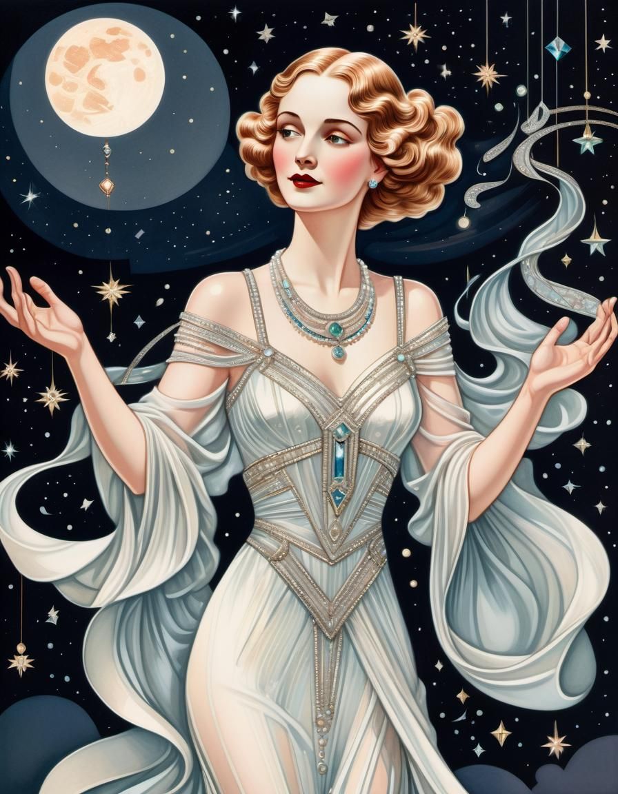 Art Deco Dancer with Pearls in Night Sky
