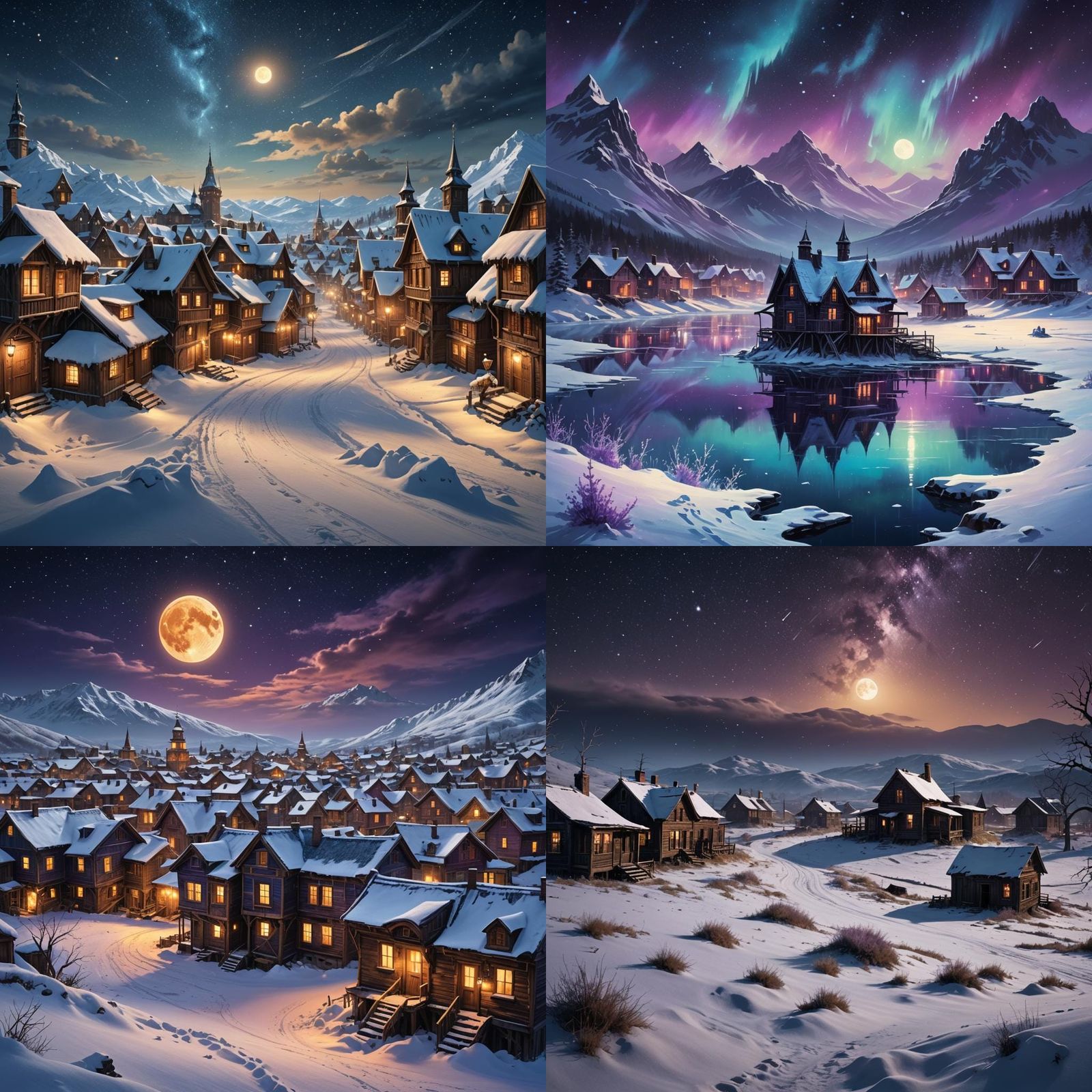 Snowy Ghost Town Under Night Sky: Matte Painting