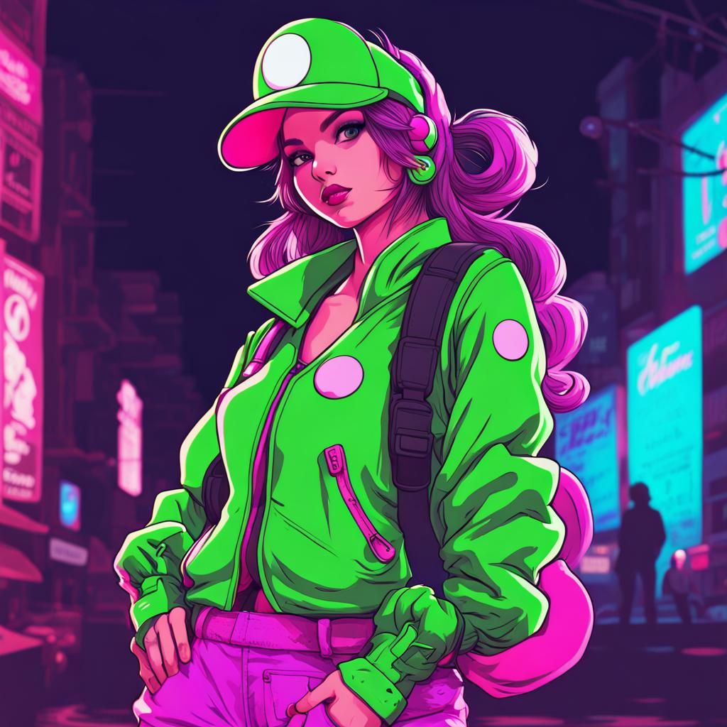 Girl Dressed as Yoshi in Synthwave Neon Style