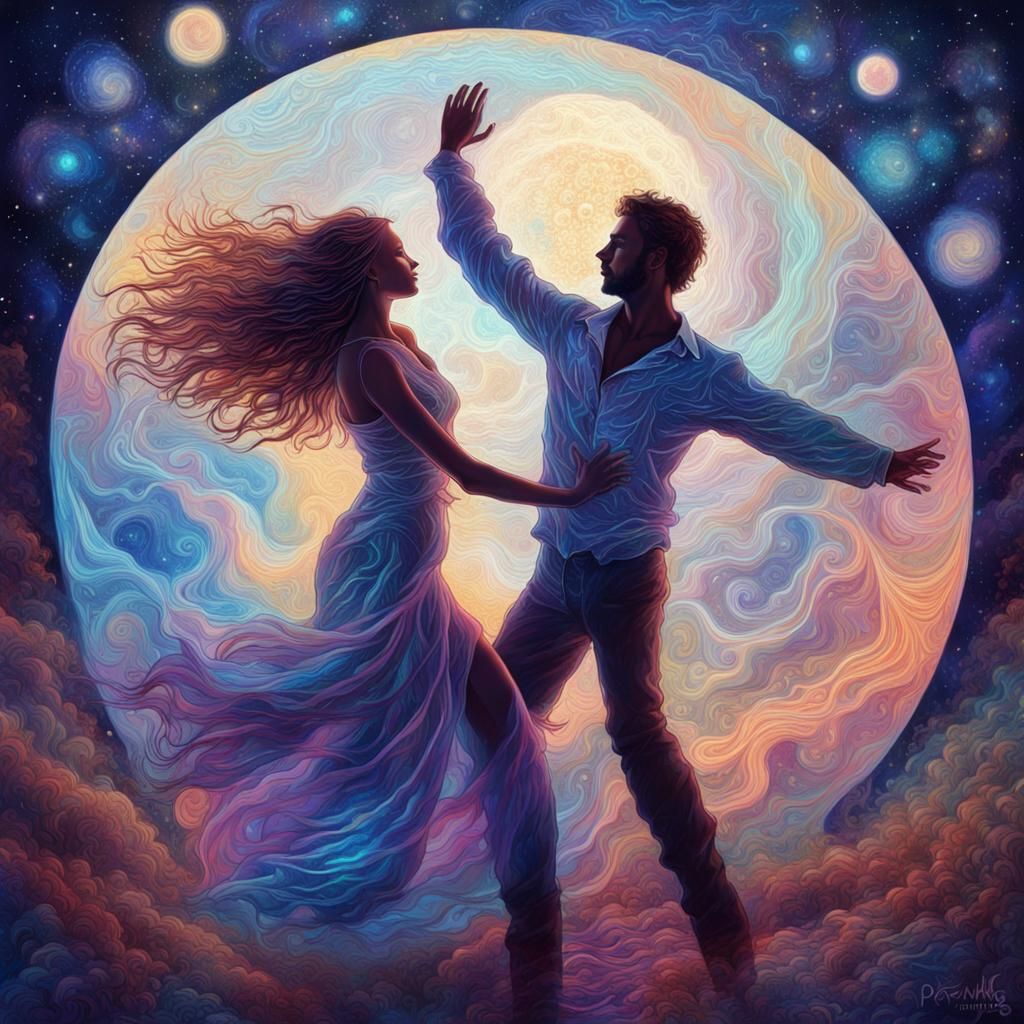 Woman and Man Dancing in Cosmic Moonlight